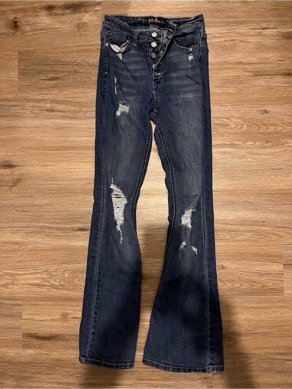 Indie Rein Dark Blue Distressed Women's Flare Jeans